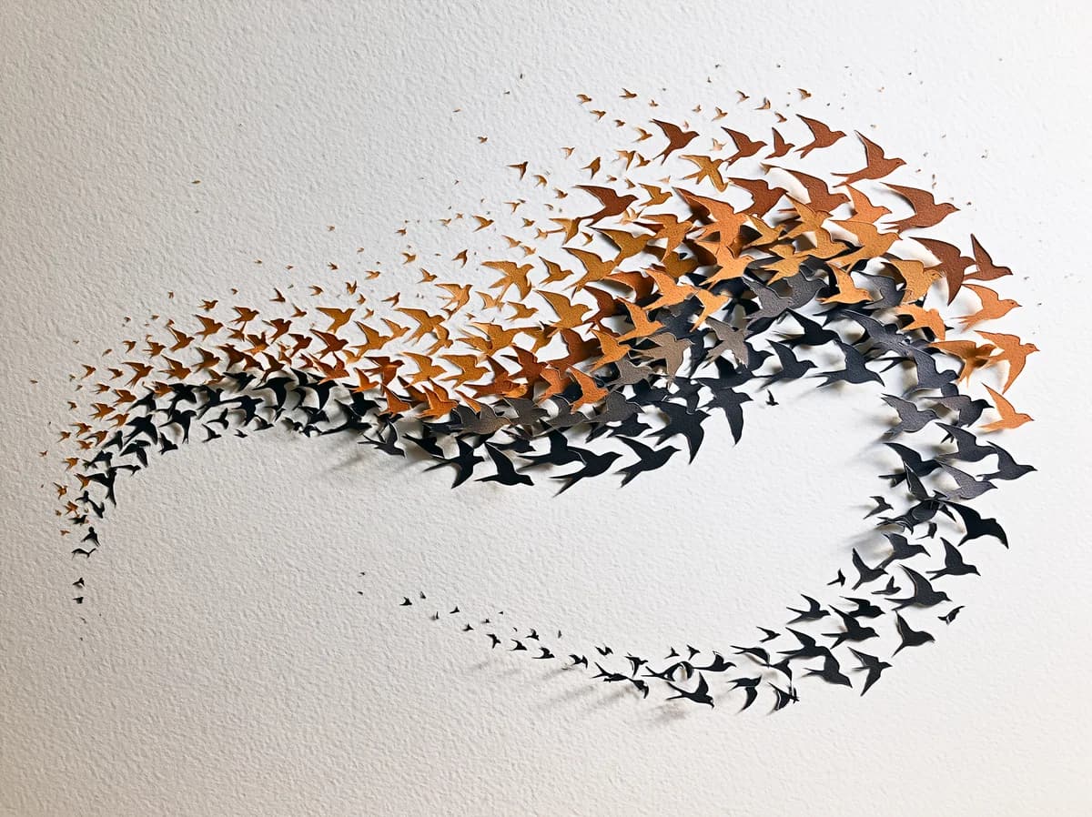 Une murmuration en papier découpé — des centaines d'oiseaux formant un seul organisme.