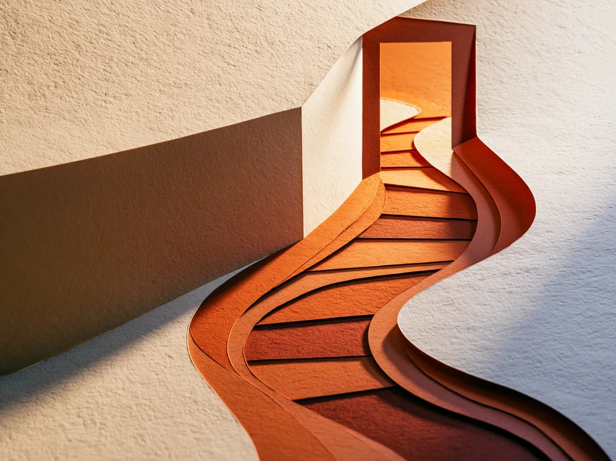 Un chemin de papier strié traverse une porte découpée dans un mur ivoire et continue au-delà, vers la lumière.